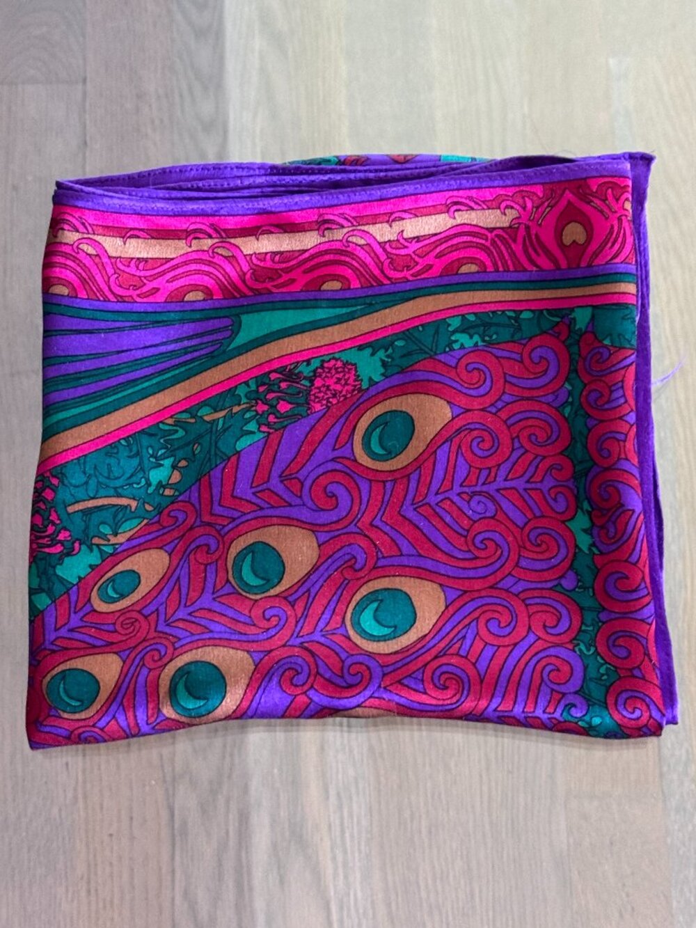 Ginnie Johansen 100% Silk Vintage Peacock Scarf, Vibrant, 1980s, Boho